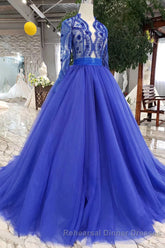 Blue Long Sleeves V Neck Tulle Semi Formal Prom Dresses with Beading